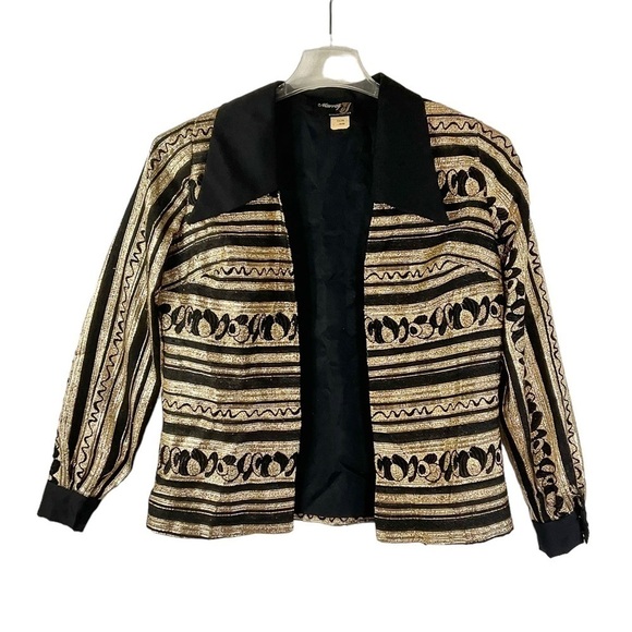 Vintage 70’s Gold Disco Jacket Shirt L Black Big Lapels, Baroque, lamé - Picture 1 of 10